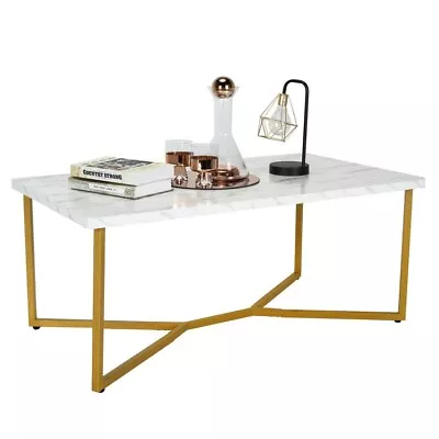 White Faux Marble Modern Design Coffee Table Living Room Gold Finish Metal Frame • $73.96