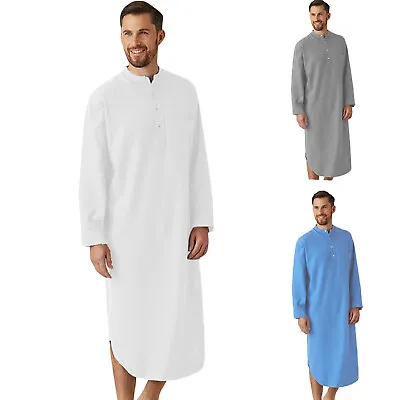Mens Cotton Long Sleeve Sleep Shirt Nightshirt Nightgown Pajamas Loose Pullover • $20.16