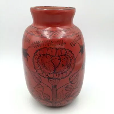 Mexican Redware Vase Burnished Clay 9 Inch Red Black Flowers Birds Folk Art • $39.98