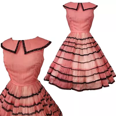 Vtg 50s Prom Dress M/L Pink Sheer Chiffon  Black Lace Ruffle Full Skirt Collar  • $114.99