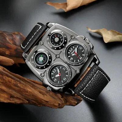 £12.53 • Buy Oulm Mens Dual Time Zone Military Watch Decorative Compass Thermometer Big Face
