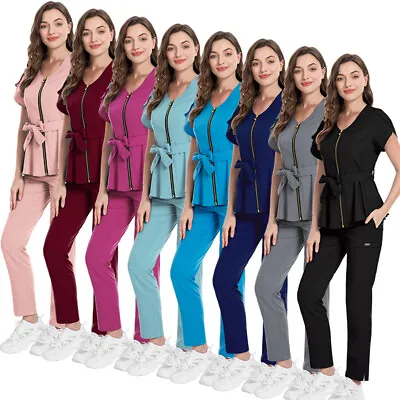 Women Scrub Sets Nurse Medical Uniform V-Neck Retract Waist Stretch Pencil Pants • $35.99