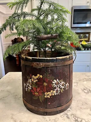 Firkin Bucket Antique Floral Art 9.5  X 11.25  Wooden Staves Iron Hoops • $44