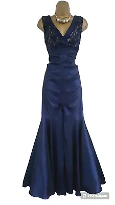 R&M RICHARDS Size 14 Navy Long Fishtail Ruched Formal Dress Ballgown Mermaid VGC • £39.99