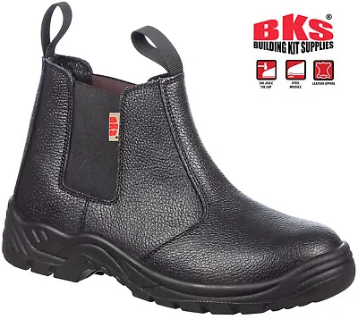 Mens Chelsea Leather Slip On Work Boots By BKS - SAFETY STEEL TOE CAP DEALER • £19.97