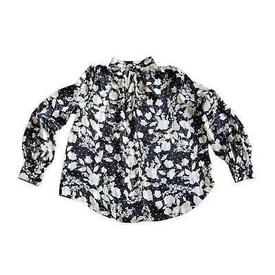 Women's H & M Beige Black Floral Mandarin Collar Long Sleeve Sheer Blouse  US 8 • $12