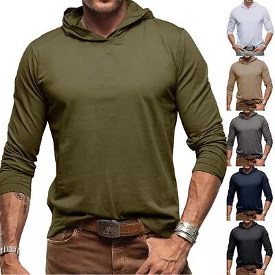 Mens Hoodie Slim Fit Casual Long Sleeve Solid T-Shirt Gym Sports Muscle Tops • $5.92