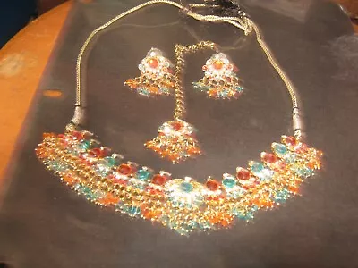 Indian Kundan Multicolor Rhinestone Choker Bridal Necklace Earrings Jewelry Set • $10.50