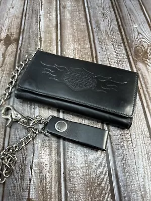 Harley Davidson Black Leather BiFold Biker Chain Wallet • $45