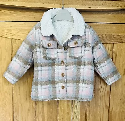 NUTMEG Baby Girl Checked Coat Jacket 12-18months Faux Fur Pink Cream Brown🌷 • £6.49