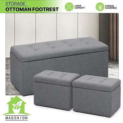 Set Of 3 Grey Lift Top Storage Ottoman Bench Upholstered Footrest W/2 Cube Stool • $138.99