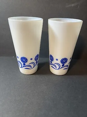 Pair Of Vintage Hazel Atlas Milk Glass White Blue Cornflower Drinking Tumblers • $15