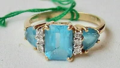 Vintage Estate 14K Yellow Gold Over Aquamarine & Diamond Engagement Ring 2.75Ct • $270.39