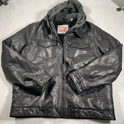 Levis Bomber Jacket Mens Leather Black Faux Leather Sherpa Lined Hooded • $29.96