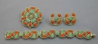 1969 Sarah Coventry Acapulco Parure Heavily Jeweled Bracelet Pin Earrings Set • $9.99