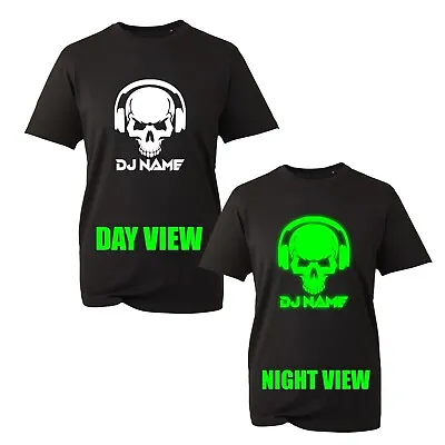 £9.99 • Buy Personalised DJ Name Glow In The Dark T-Shirt, Skull Headphones Music Unisex Top