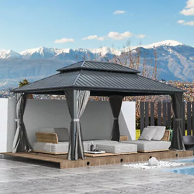 Domi 12’ X 16’ Hardtop Gazebo Outdoor Aluminum Gazebo W/Netting & Curtains Gray • $1629.98