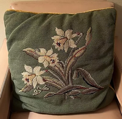 Vintage Needle Point Floral Daffodils Pillow With Velvet Backing 21  Square • $15