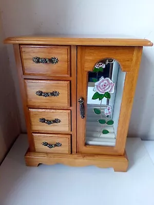 Vintage Wooden Wardrobe Style Jewellery Box 4 Drawer Cabinet Stain Glass Door • £20.61