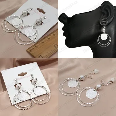 £2.88 • Buy CLIP ON Drop Dangle DIAMOND CUT HOOPS Textured Silver Fashion SPARKLY EARRINGS