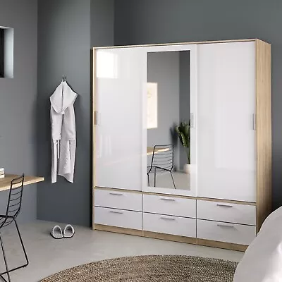 Large Oak White High Gloss 3 Door Triple Wardrobe Sliding Doors Mirror Drawers • £739.99