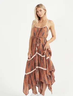 $139.50 • Buy TIGERLILY Size 8 Brown Paisley Strappy Lace Up Ahana Midi Dress Boho RRP $249