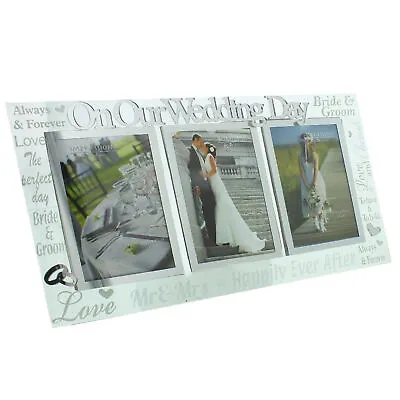 £14.89 • Buy Glass Triple Photo Frame With Mirror And Glitter Detail -  On Our Wedding Day 