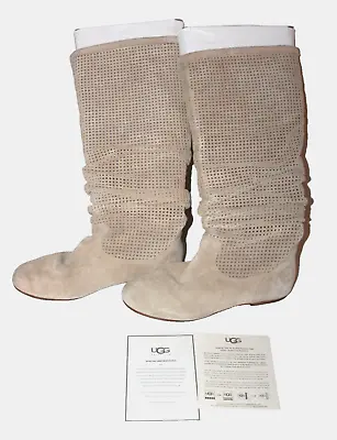 Ugg Women's Abilene Slouch Perforated Sand Leather Suede Knee High  Boots 7.5M • $119.98