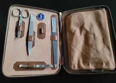 Vintage Griffon Top Grain Cowhide Germany Travel Grooming Manicure Man's Set Box • $13