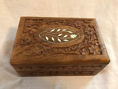 Vintage Hand Carved Floral Folk Artist Wood Jewelry Box W/ Inlays 6 X 4 X 2.5  • $25.20