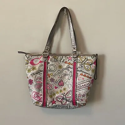 Coach Poppy Butterfly Graffiti Pink And Silver Shoulder Bag Authentic #F15712  • $142.50