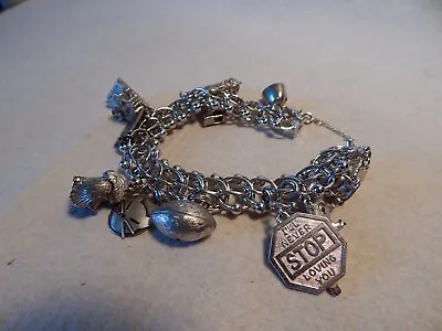 Vtg 1960s 70s Monet 12 Charm Bracelet  Two Sterling Cat New Mexico Starter • $65