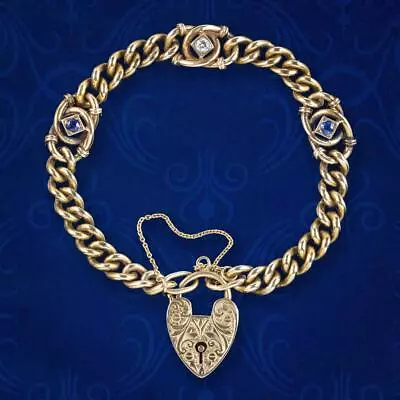 Victorian Style Sapphire Diamond Curb Bracelet 9ct Gold With Heart Padlock • £1995