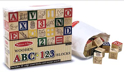 Melissa & Doug 50 Classic Solid Wood Building Blocks W/Pictures Letters Numbers • $23.95