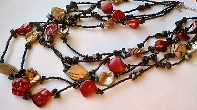 Vintage Seed Bead Blister Pearl Necklace Zebra 5 Layer Red Black Gold Boho Long • $14.87