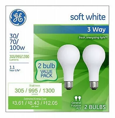 GE 3-Way 30/70/100 Watt A21 Soft White Light Bulbs Lamp - 2 Pack • $14.99