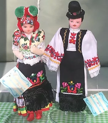 Hungarian Folk Art Dolls Mr & Mrs Handmade Embroidered Painted Face MATYO 1970’s • $55