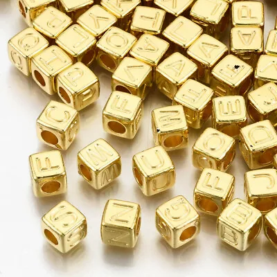 50 Letter Beads Alphabet Beads Shiny Gold Cube Bulk Beads Wholesale 7mm • $3.75