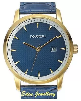 ROUSSEAU RAMEAU Men Watch Blue Dial Gold Case Genuine Leather Water Resistant • $89.95