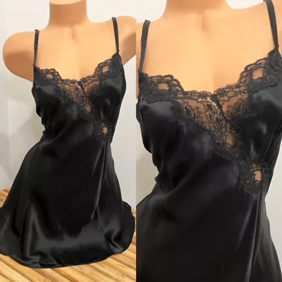 VINTAGE NIGHTGOWN LINGERIE BLACK SATIN LACE VICTORIAS SECRET Sz M • $1.25