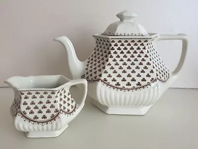 Vintage ADAMS SHARON Teapot + Milk/Cream Jug Ironstone Brown Shamrocks Tea Pot • £22.50