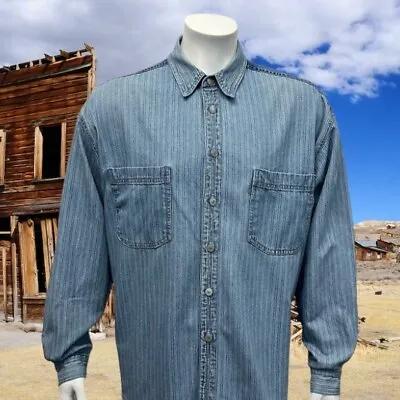 Vintage Authentic Levi Strauss Blue Denim Stiped Western Railroad LS Shirt XL • $49.99