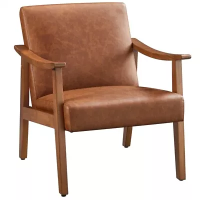 Faux Leather Armchair With Solid Wood Legs Upholstered Accent Chair Light Brown • £62.99