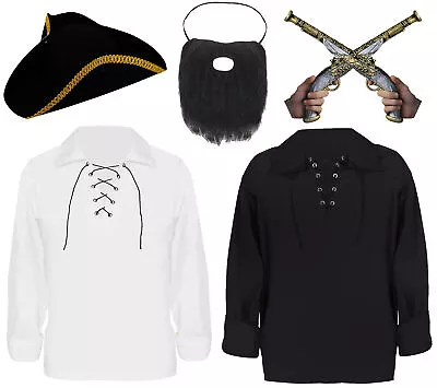 Adults Pirate Costume Black Beard Hat Shirt Caribbean Captain Unisex Fancy Dress • £16.99