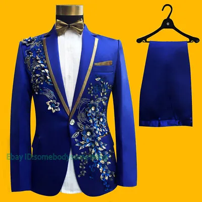 Tuxedo Suit Men Fashion Blue Sequin Embroidered Blazer Pants • $138.69