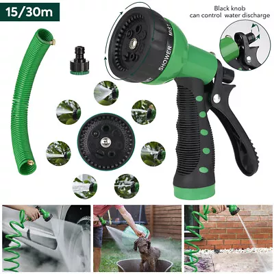 50/100FT Retractable Coil Garden Hose Pipe Water Spray Gun 7 Nozzle Spring Hose • £17.99