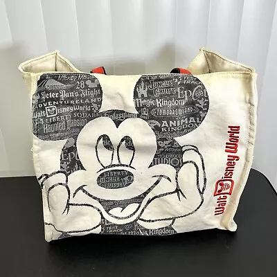 Disney World Mickey Mouse Canvas Travel Tote Beige Red Lettering Beach Bag • $17.95