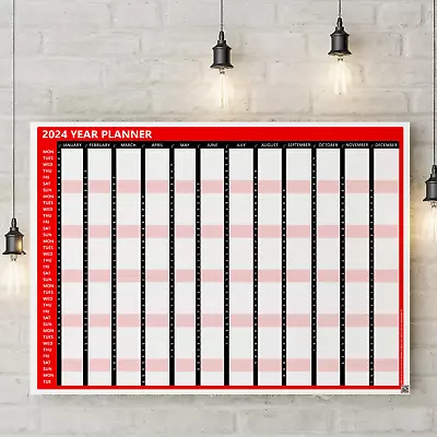 2024 Planner Full Year Red Wall Calendar Home Office Work To View JAN - DEC • £2.99