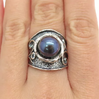 DIDAE Sterling Silver Vintage Israel Real Tahitian Pearl Modernist Ring Size 8 • $89.99