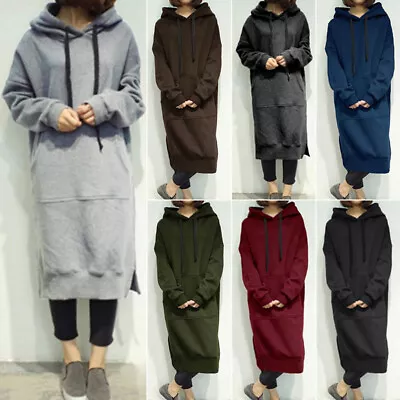  Womens Hooded Winter Sweatshirt Ladies Long Sleeve Hoodie Maxi Dress Jumper • $44.28